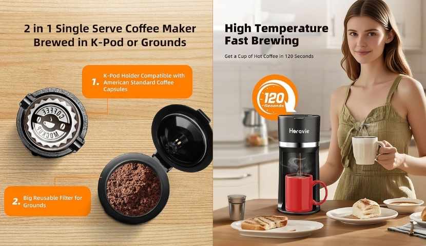 Horavie Mini Single Serve Coffee Maker for K Cup and Ground Coffee, Fast Brew One Cup Coffee Machine