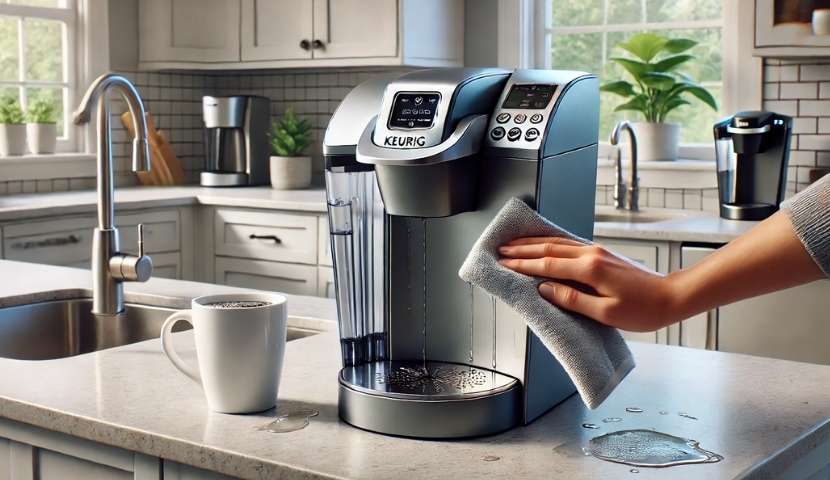 Keurig coffee maker being wiped down to remove any residual descaling solution after the rinsing process image