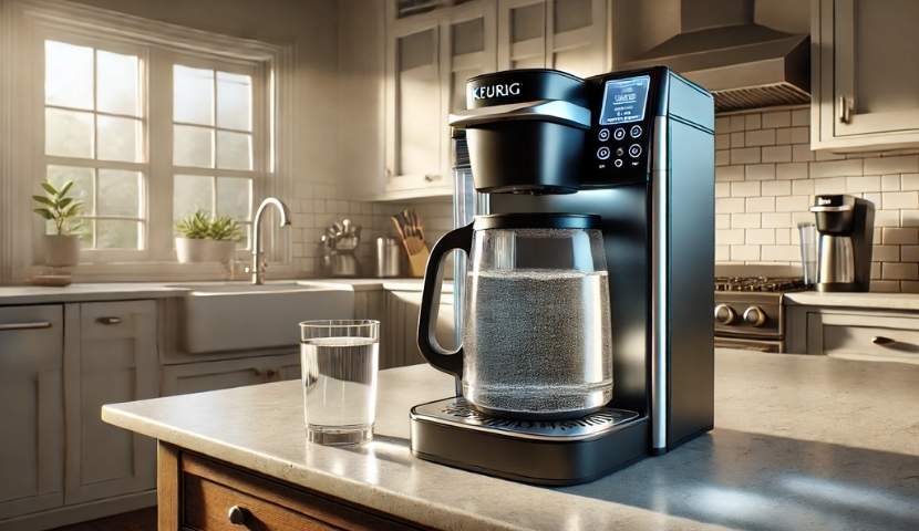 Keurig coffee maker with the water reservoir being filled with clean water to rinse the machine after descaling image