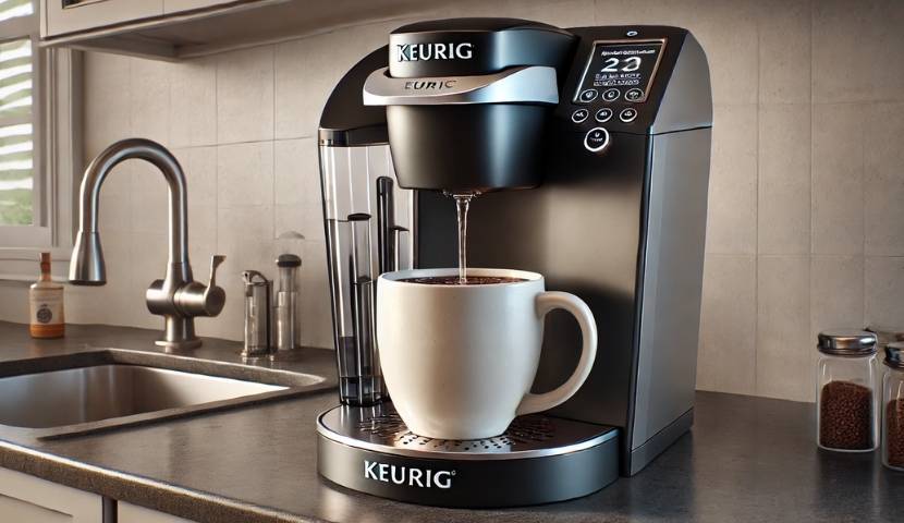 image about Keurig coffee maker running the descaling cycle with a large mug on the drip tray, capturing the water coming out into the mug