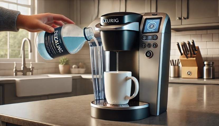 process of pouring descaling solution into the Keurig water reservoir image
